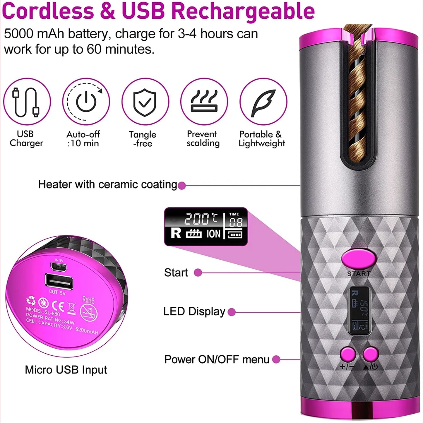 مكواة تجعيد الشعر اللاسلكية الأوتوماتيكية
